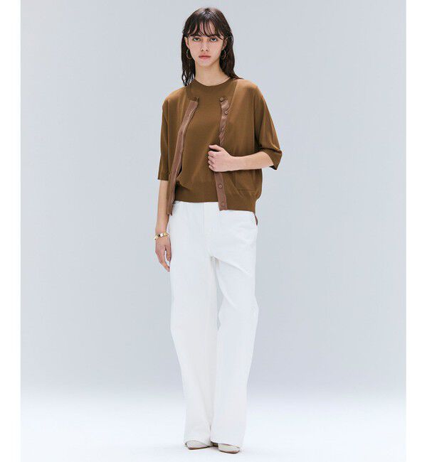 BEIGE,「【洗える】VALOIS / ジョーゼットトリム半袖カーディガン」|ニット・セーター|