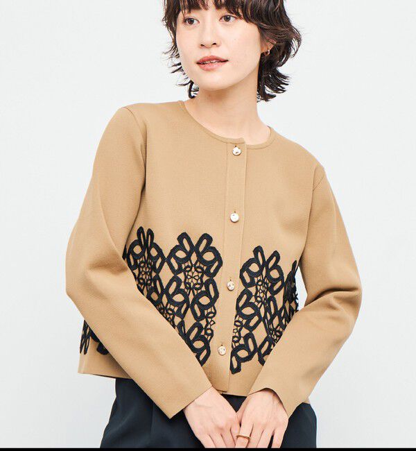 NOLLEY'S「レース付きクルーネックカーディガン」|カーディガン|キャメル