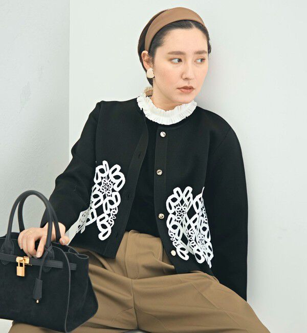 NOLLEY'S「レース付きクルーネックカーディガン」|カーディガン|ブラック