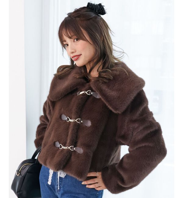  「ビット付きフワフワショートコート」|その他|ブラウン