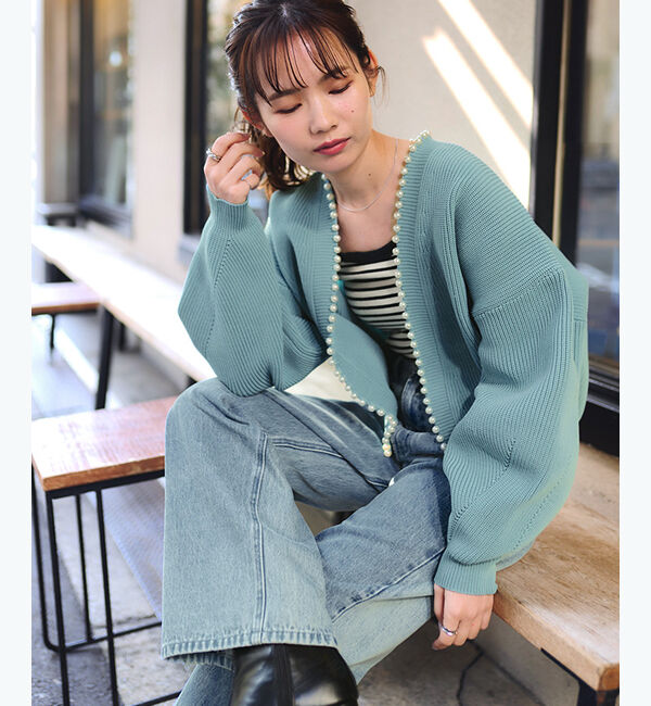 titivate「パールデザインニットカーディガン」|カーディガン|ブルー