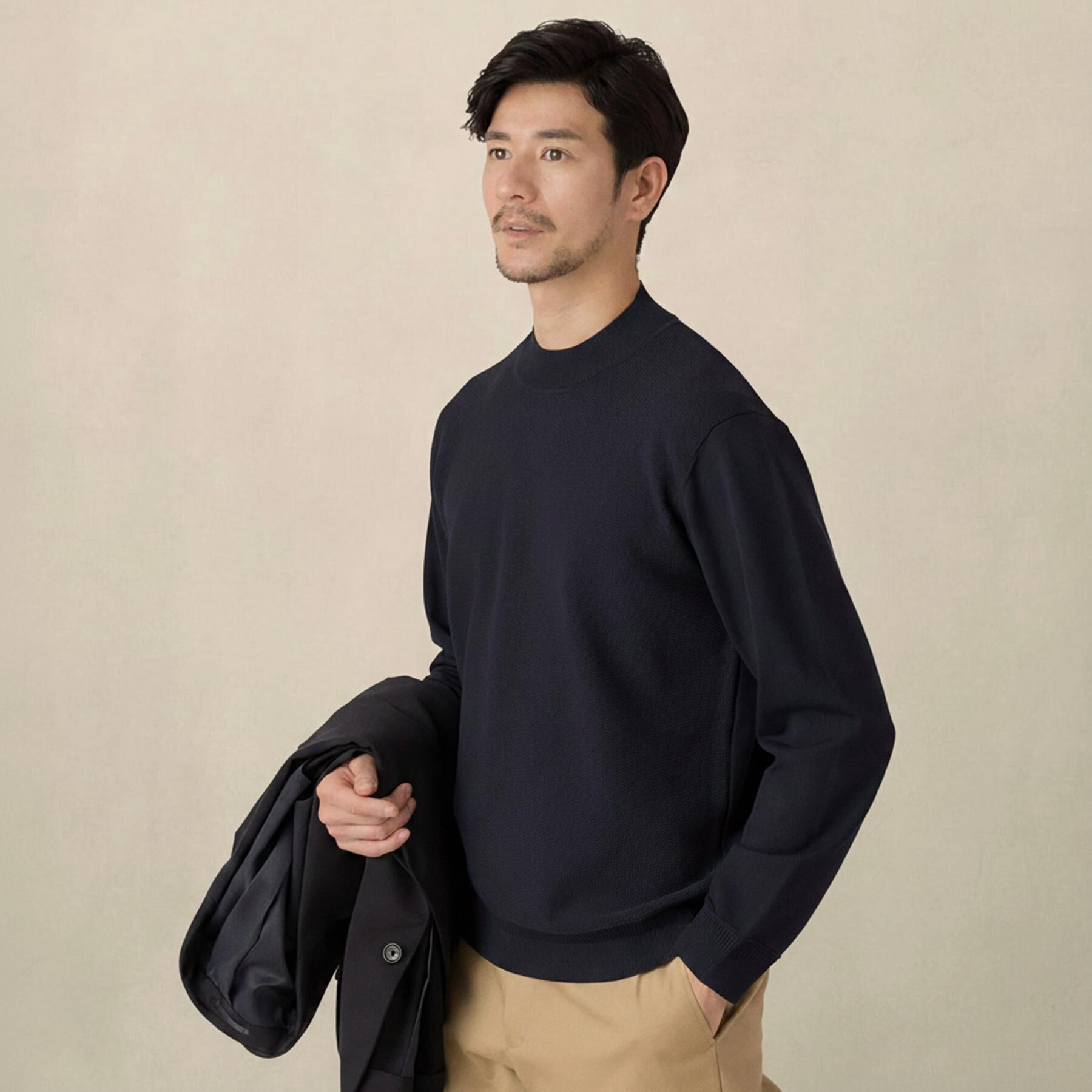 TAKEO KIKUCHI「モックネック 鹿の子 ニット プルオーバー」|ニット・セーター|ネイビー(094)