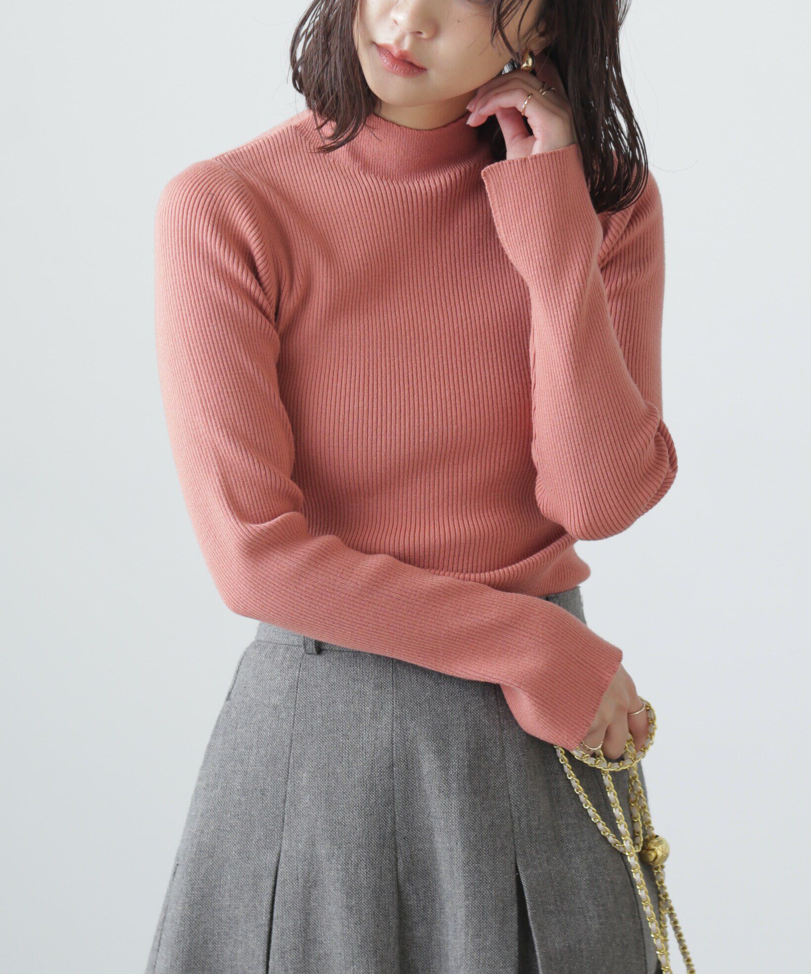  「〈洗える〉マシンウォッシャブルボトルネックリブニット」|ニット・セーター|ピンク