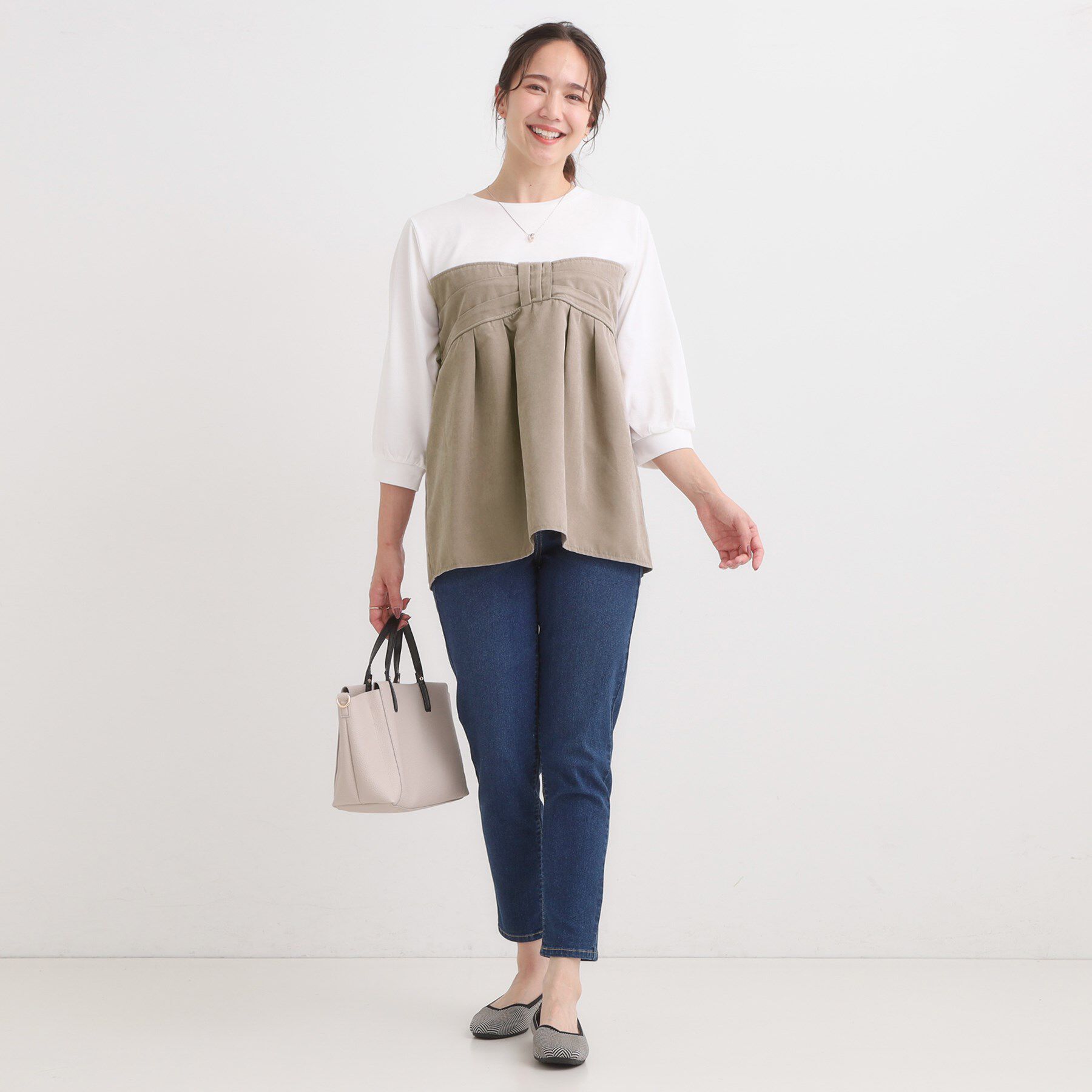 SHOO･LA･RUE「【S-LL】気になるウエストもさり気なくカバー リボン風ドッキングトップス」|Tシャツ・カットソー|