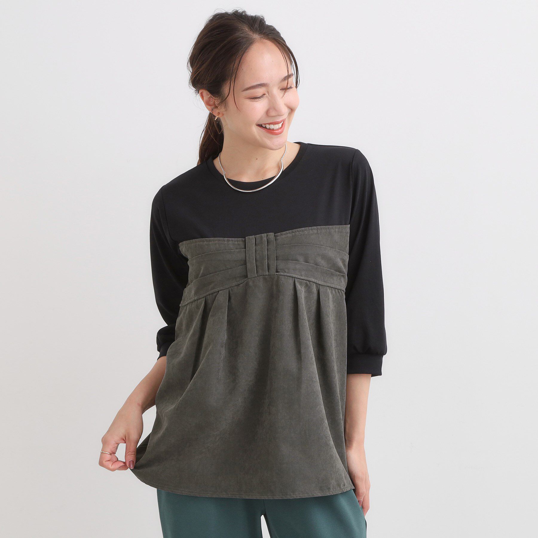 SHOO･LA･RUE「【S-LL】気になるウエストもさり気なくカバー リボン風ドッキングトップス」|Tシャツ・カットソー|