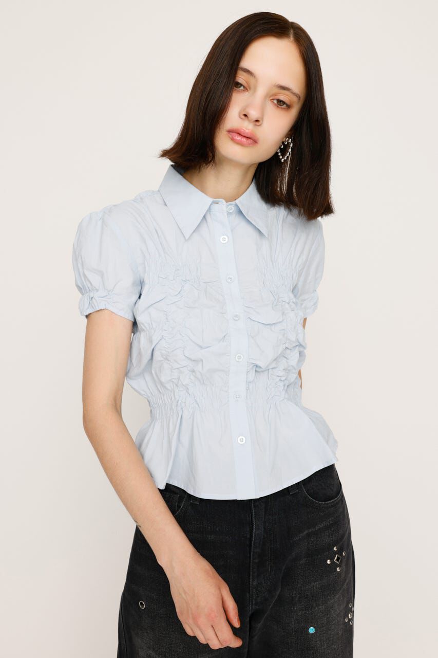 SLY「RANDOM SHIRRING S／SLEEVE トップス」|シャツ・ブラウス|L/BLU1