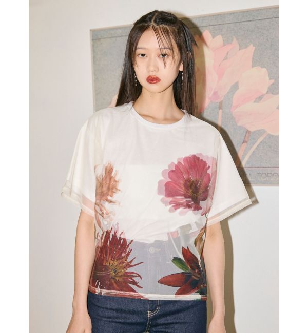 MURUA「【MURUA&times;STAYFLOWER】チュールドッキングフラワーTシャツ」|Tシャツ・カットソー|