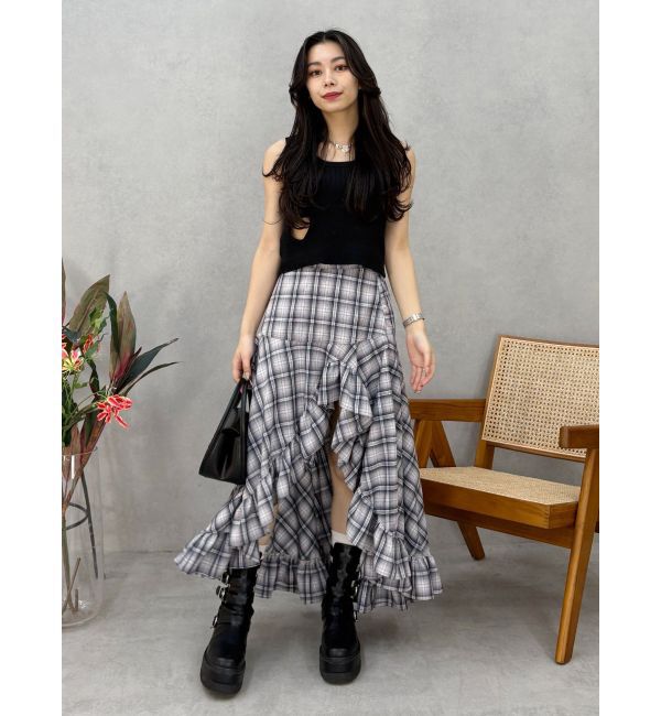 EVRIS「ランダムチェックアシンメトリースカート」|スカート|