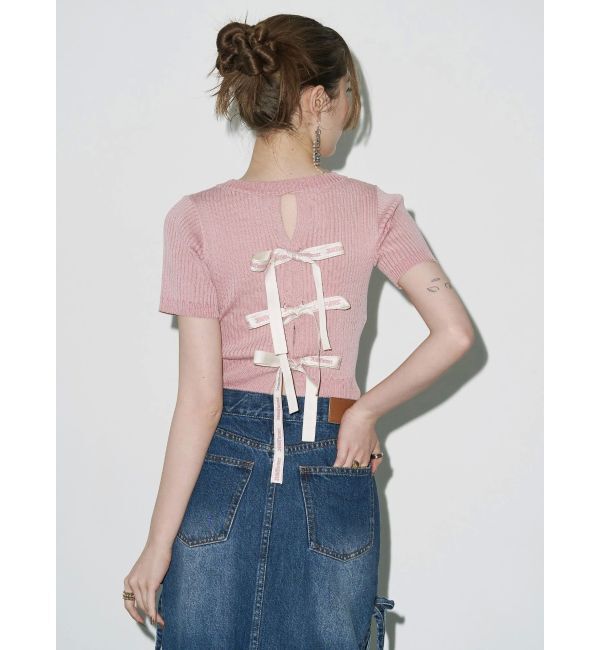 EVRIS「ハーフスリーブバックオープンリボンニットトップス」|ニット・セーター|