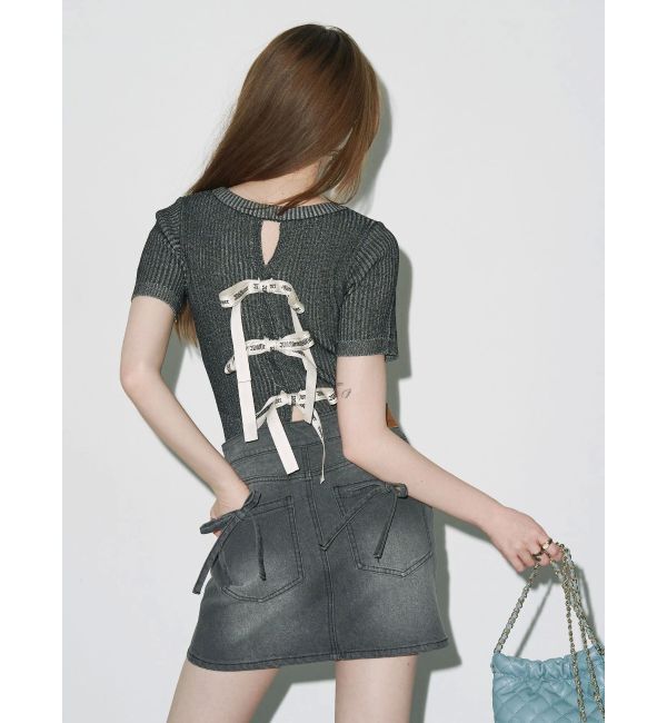 EVRIS「ハーフスリーブバックオープンリボンニットトップス」|ニット・セーター|