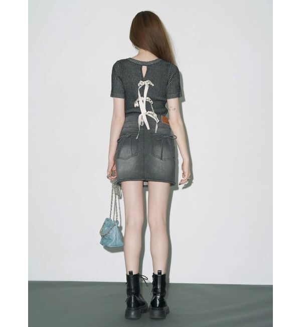 EVRIS「ハーフスリーブバックオープンリボンニットトップス」|ニット・セーター|