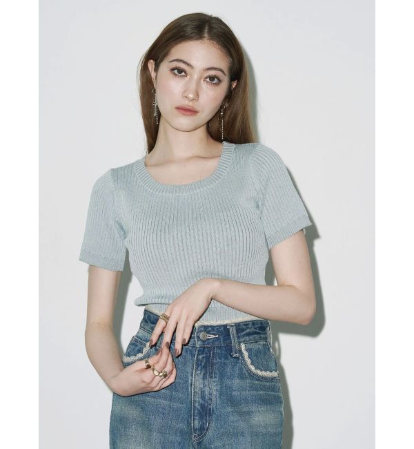 EVRIS「ハーフスリーブバックオープンリボンニットトップス」|ニット・セーター|