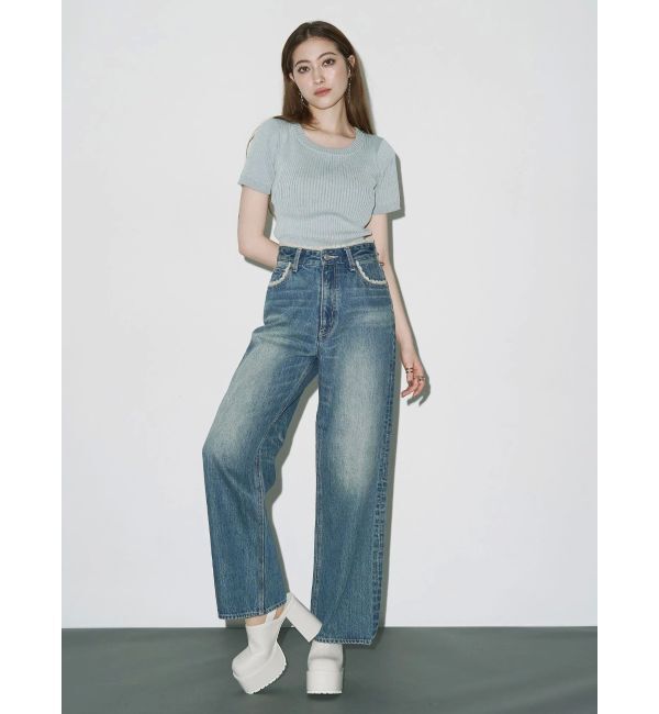 EVRIS「ハーフスリーブバックオープンリボンニットトップス」|ニット・セーター|