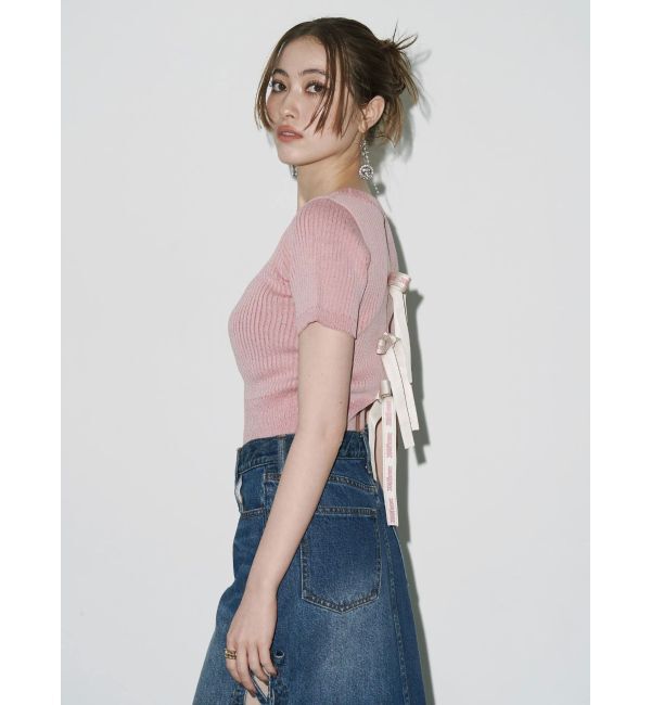 EVRIS「ハーフスリーブバックオープンリボンニットトップス」|ニット・セーター|