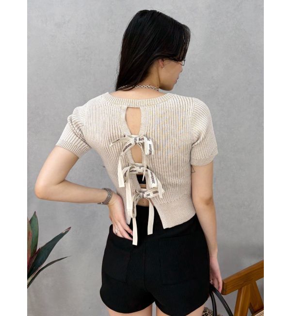 EVRIS「ハーフスリーブバックオープンリボンニットトップス」|ニット・セーター|