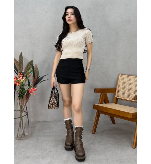 EVRIS「ハーフスリーブバックオープンリボンニットトップス」|ニット・セーター|