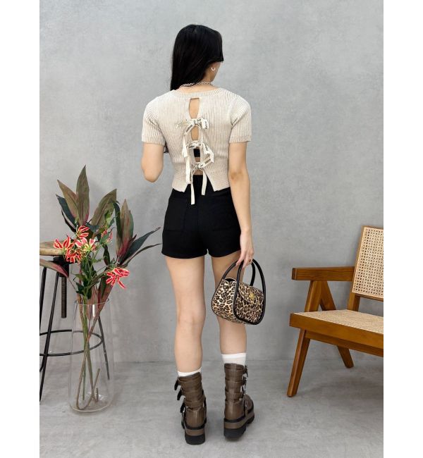 EVRIS「ハーフスリーブバックオープンリボンニットトップス」|ニット・セーター|