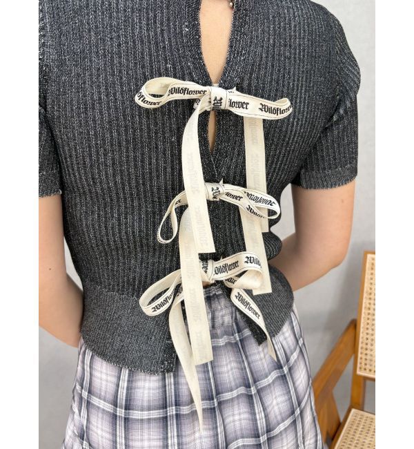 EVRIS「ハーフスリーブバックオープンリボンニットトップス」|ニット・セーター|