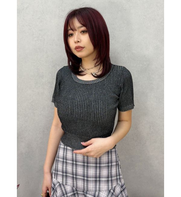 EVRIS「ハーフスリーブバックオープンリボンニットトップス」|ニット・セーター|