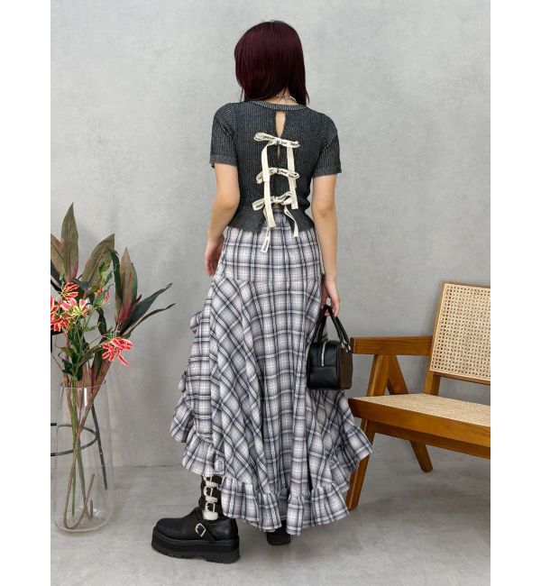 EVRIS「ハーフスリーブバックオープンリボンニットトップス」|ニット・セーター|