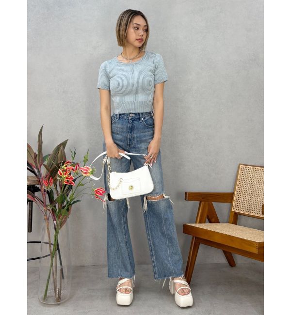 EVRIS「ハーフスリーブバックオープンリボンニットトップス」|ニット・セーター|