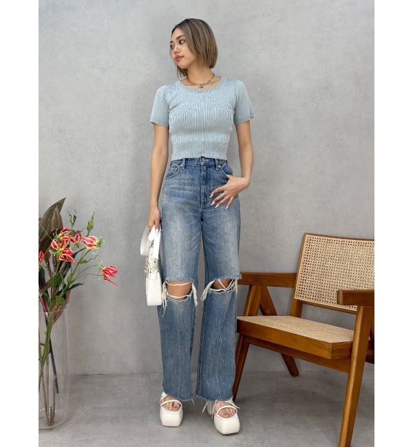 EVRIS「ハーフスリーブバックオープンリボンニットトップス」|ニット・セーター|