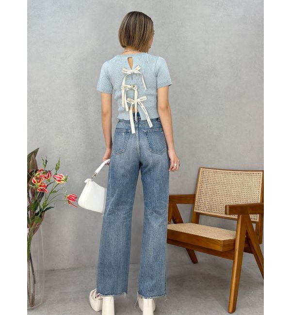 EVRIS「ハーフスリーブバックオープンリボンニットトップス」|ニット・セーター|