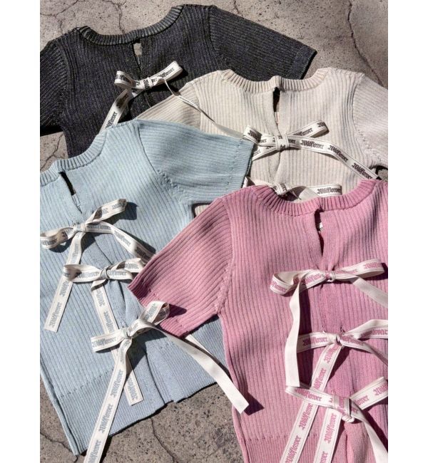 EVRIS「ハーフスリーブバックオープンリボンニットトップス」|ニット・セーター|