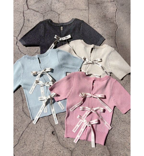 EVRIS「ハーフスリーブバックオープンリボンニットトップス」|ニット・セーター|