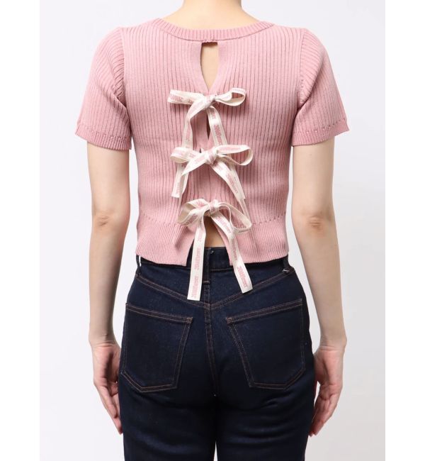 EVRIS「ハーフスリーブバックオープンリボンニットトップス」|ニット・セーター|