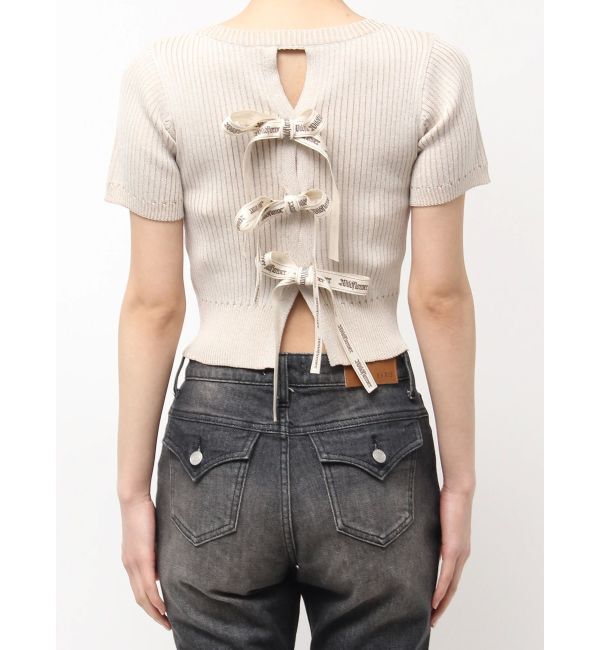 EVRIS「ハーフスリーブバックオープンリボンニットトップス」|ニット・セーター|