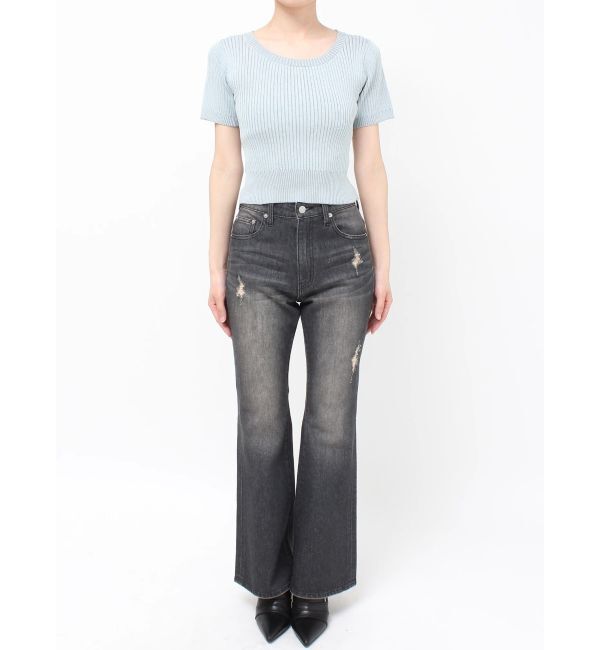 EVRIS「ハーフスリーブバックオープンリボンニットトップス」|ニット・セーター|