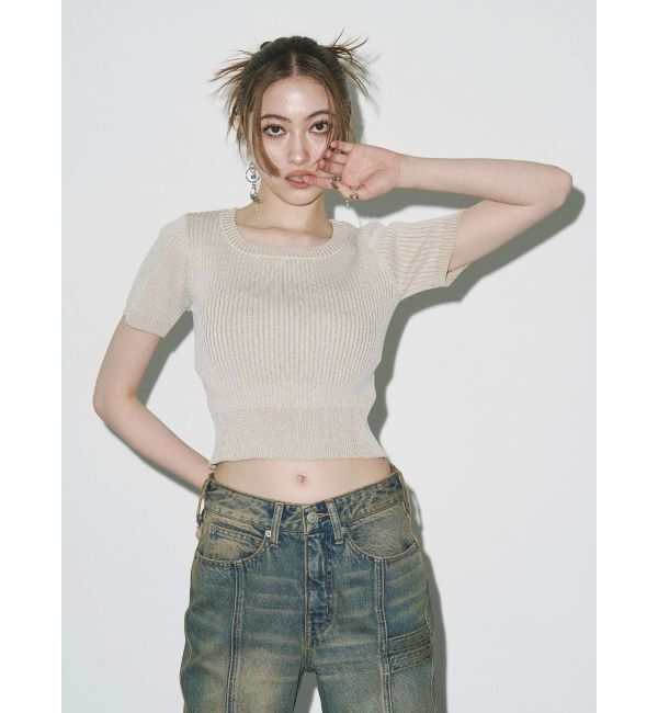 EVRIS「ハーフスリーブバックオープンリボンニットトップス」|ニット・セーター|
