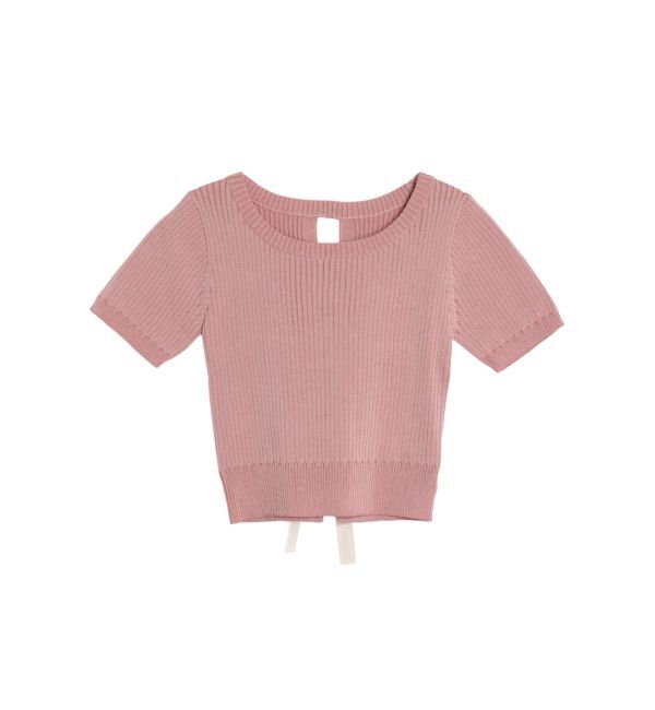 EVRIS「ハーフスリーブバックオープンリボンニットトップス」|ニット・セーター|