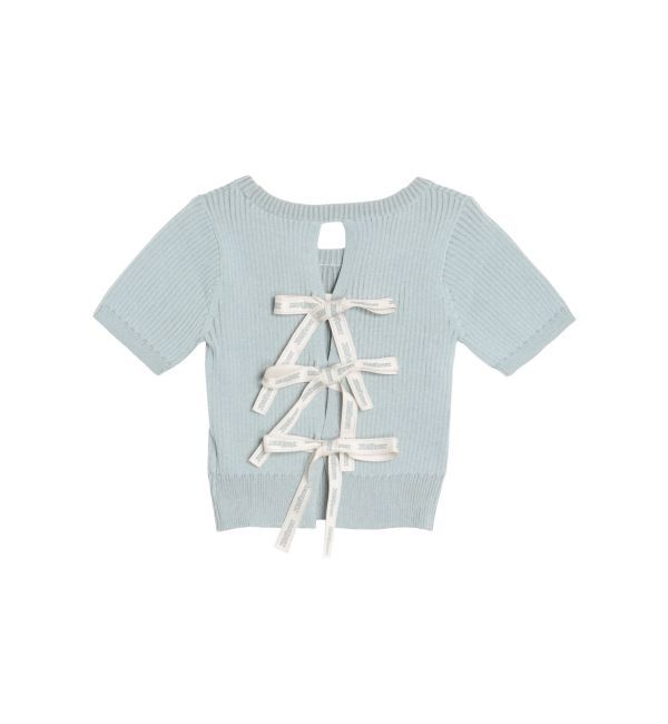 EVRIS「ハーフスリーブバックオープンリボンニットトップス」|ニット・セーター|