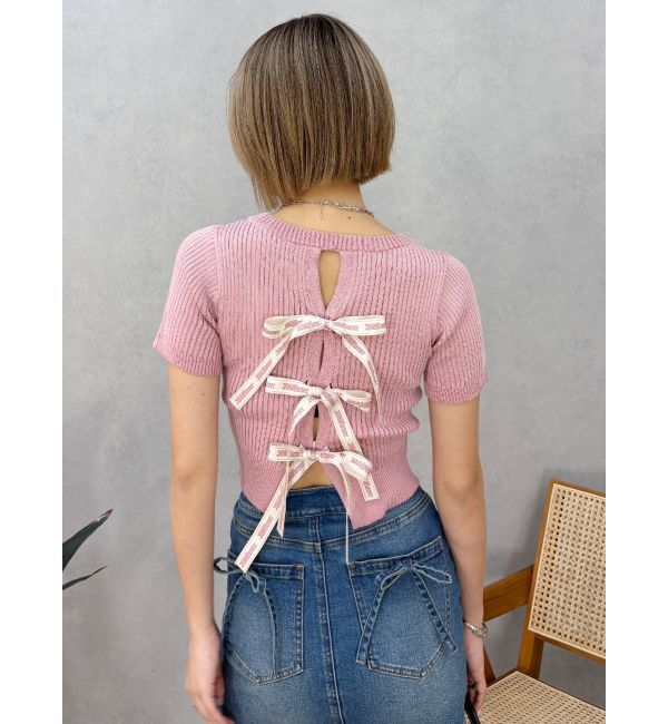 EVRIS「ハーフスリーブバックオープンリボンニットトップス」|ニット・セーター|ピンク