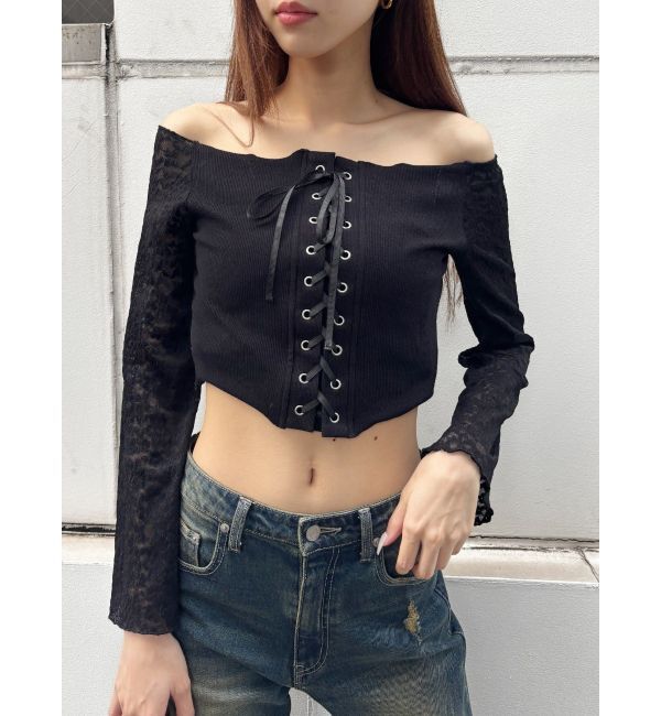 EVRIS「レースコンビオフショルトップス」|Tシャツ・カットソー|ブラック