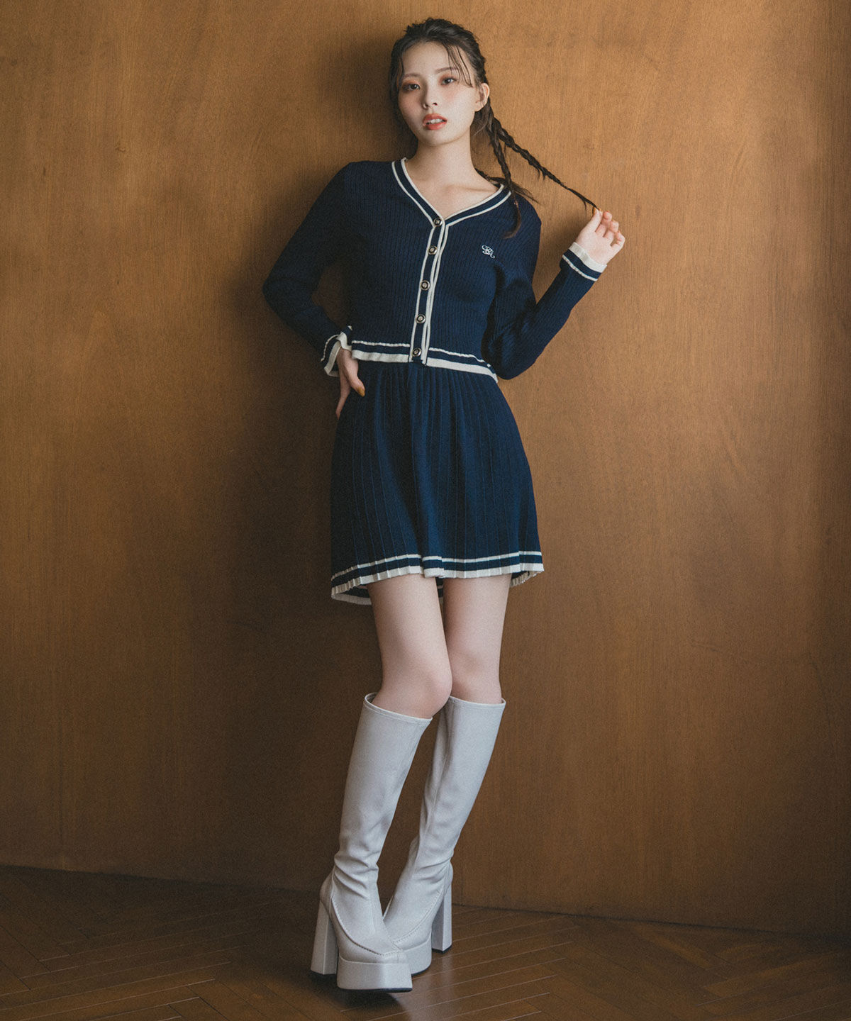 REDYAZEL「ラインスキームニットカーディガン&times;スカートセットアップ」|ワンピース|ネイビー