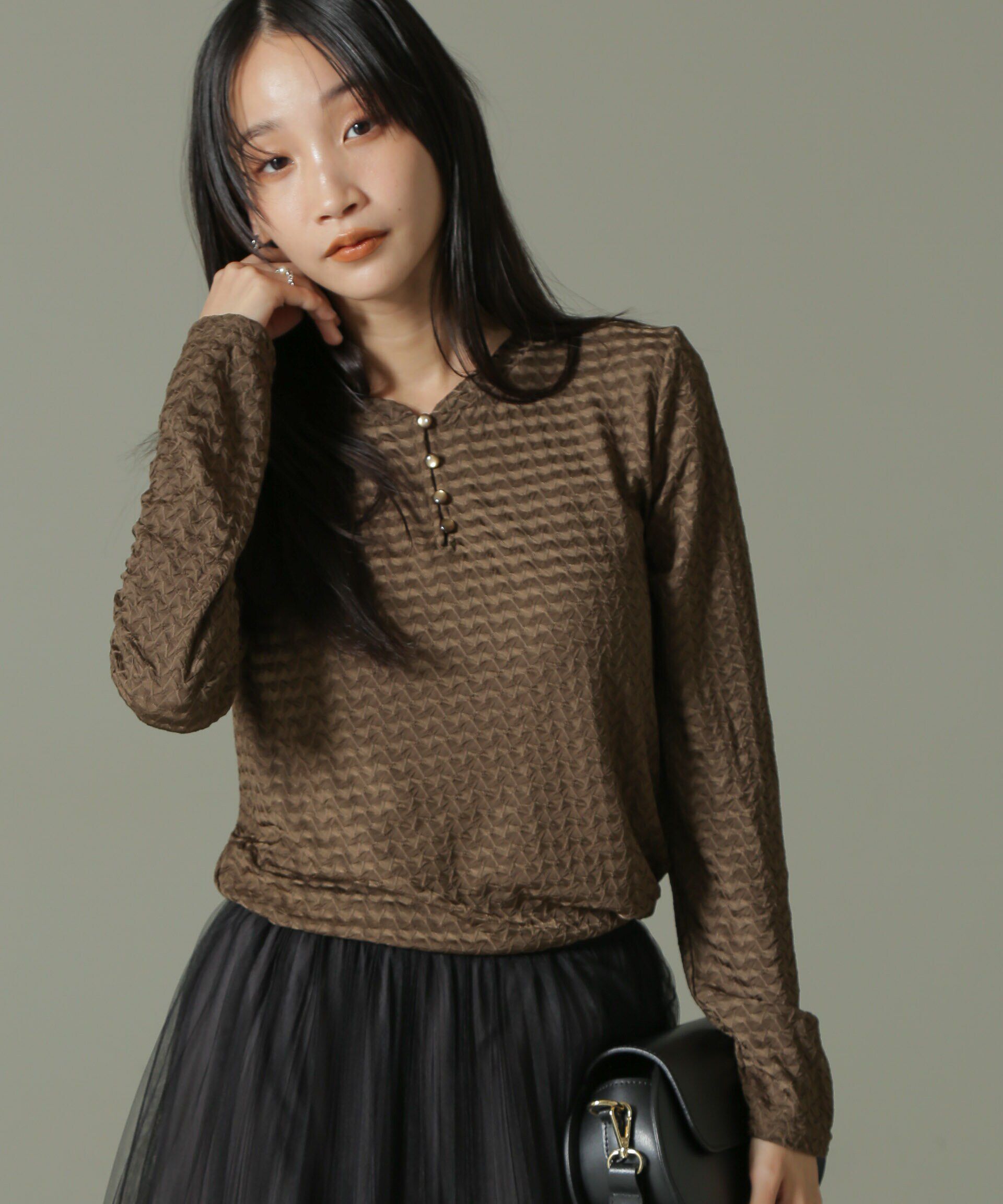 nano･universe「前後2WAYシャーリングカットトップス」|Tシャツ・カットソー|ブラウン