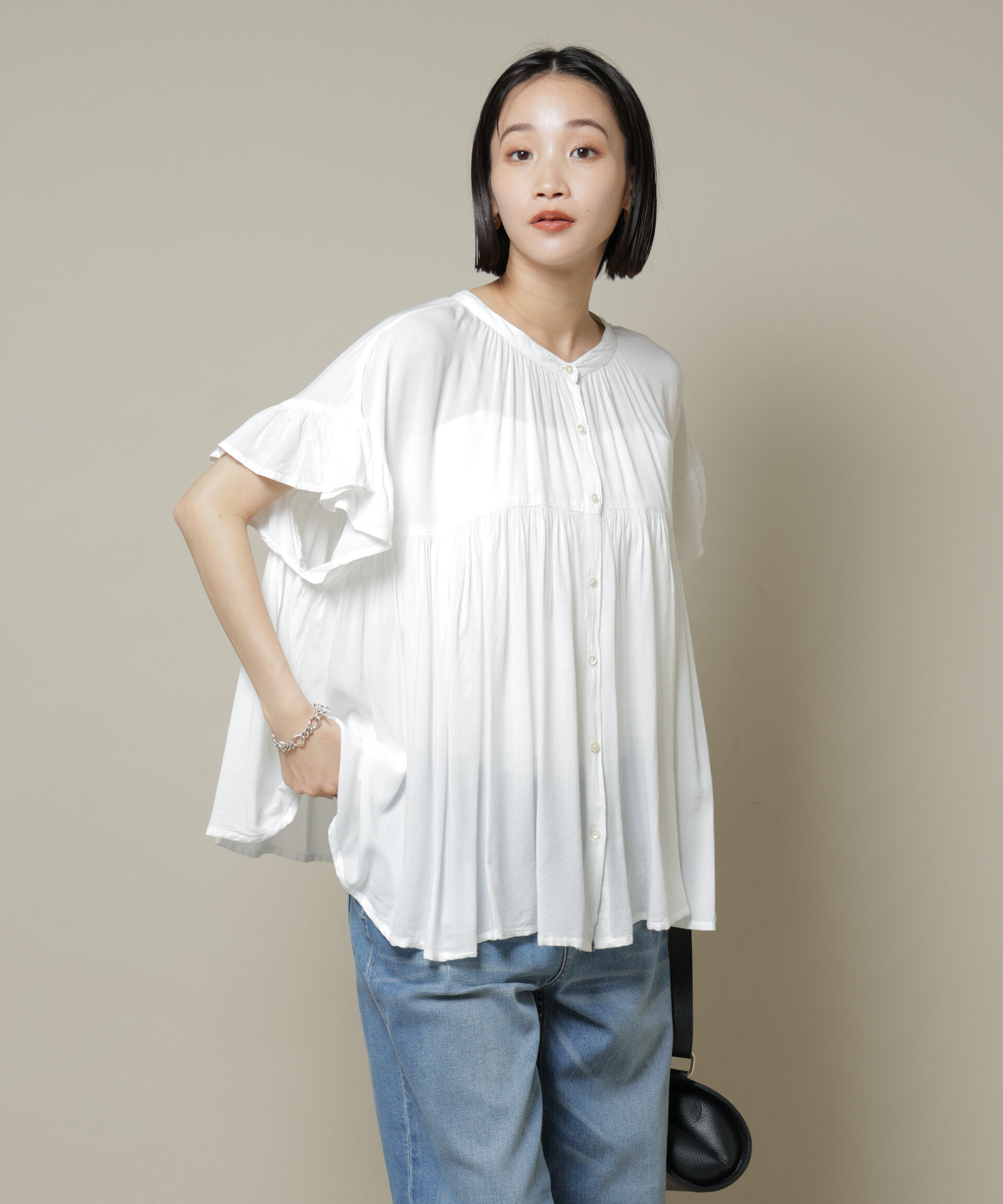nano･universe「made in INDIA フリルスリーブギャザーブラウス(セットアップ可)」|シャツ・ブラウス|ホワイト