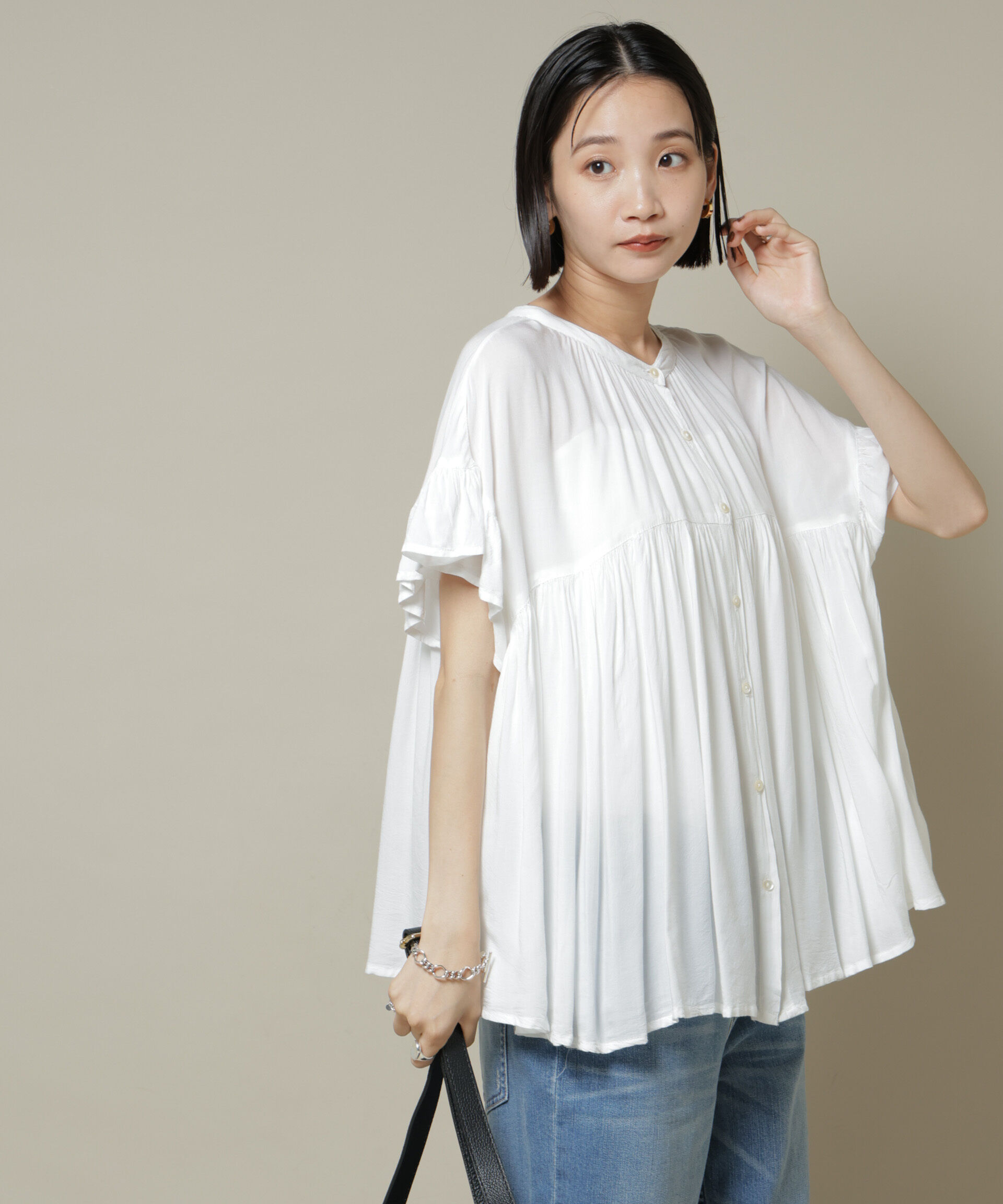 nano･universe「made in INDIA フリルスリーブギャザーブラウス(セットアップ可)」|シャツ・ブラウス|