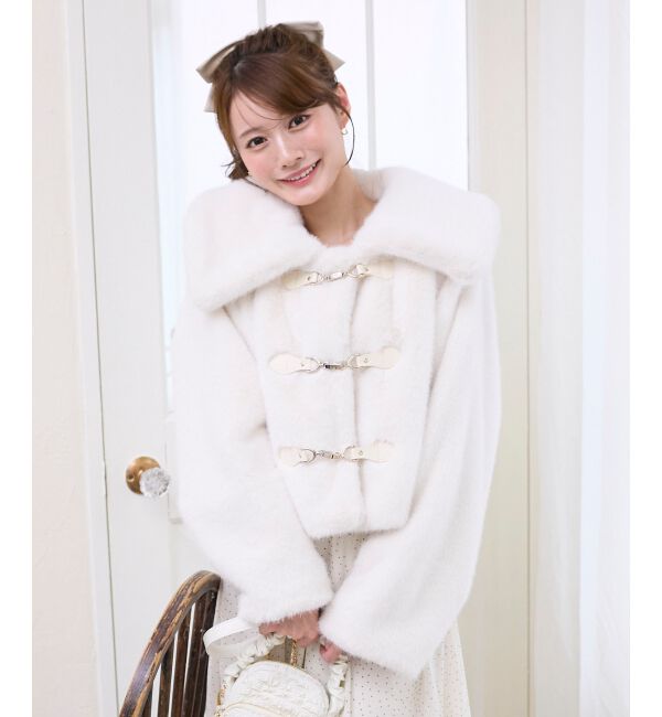  「ビット付きフワフワショートコート」|その他|アイボリー