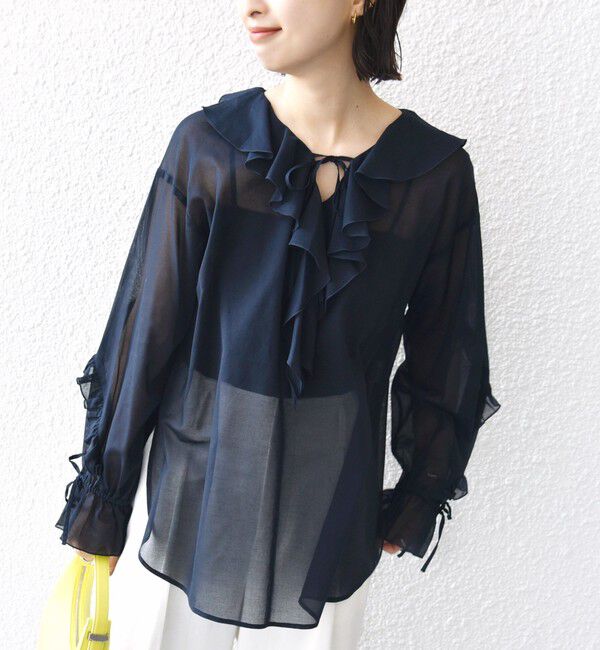 SHIPS for women「* 〈手洗い可能〉強撚 コットン シアー ボイル フリル ブラウス ◇」|シャツ・ブラウス|ネイビー