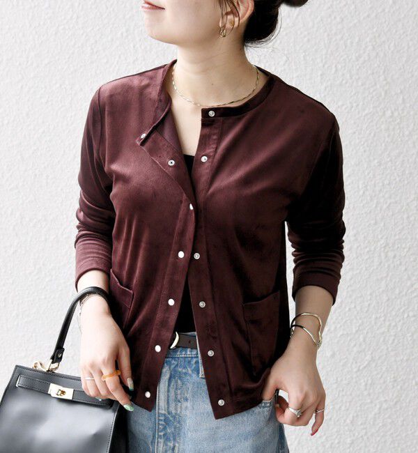 SHIPS any「SHIPS any:〈洗濯機可能〉ポリエステル ベロア コンパクト スナップ カーディガン」|カーディガン|ワイン