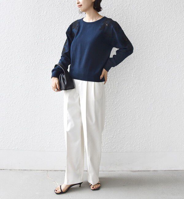 SHIPS for women「《予約》【WEB限定】〈手洗い可能〉ショルダー レース コンビ ニット プルオーバー」|ニット・セーター|