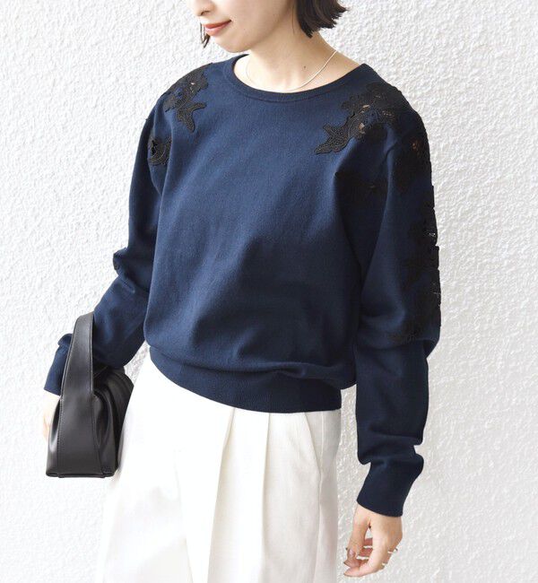 SHIPS for women「《予約》【WEB限定】〈手洗い可能〉ショルダー レース コンビ ニット プルオーバー」|ニット・セーター|