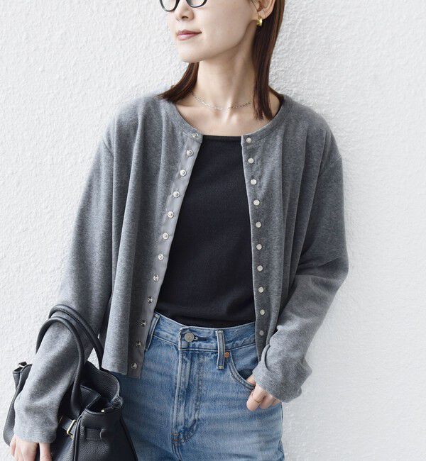 SHIPS for women「〈手洗い可能〉コットン ベロア パール モチーフ ボタン カーディガン」|カーディガン|