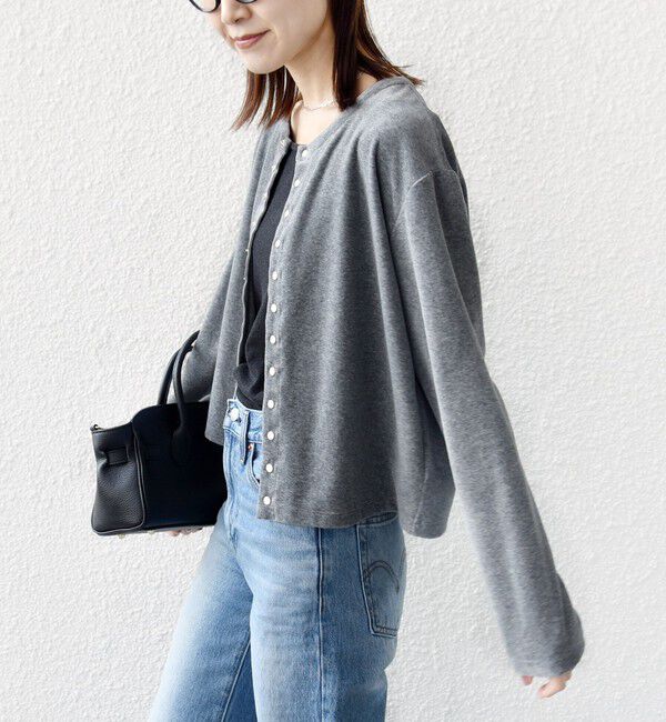 SHIPS for women「〈手洗い可能〉コットン ベロア パール モチーフ ボタン カーディガン」|カーディガン|