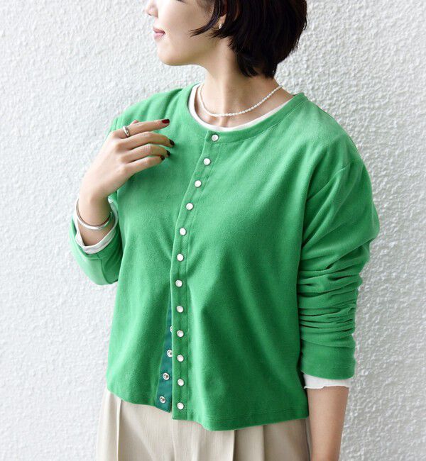 SHIPS for women「〈手洗い可能〉コットン ベロア パール モチーフ ボタン カーディガン」|カーディガン|グリーン