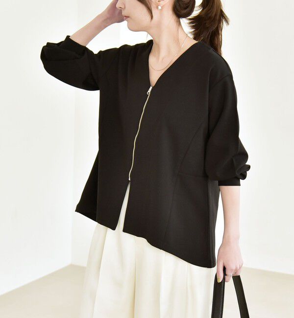 quaranciel「《予約》quaranciel:〈洗濯機可能〉カットジョーゼット Vネック ジップ カーディガン」|カーディガン|